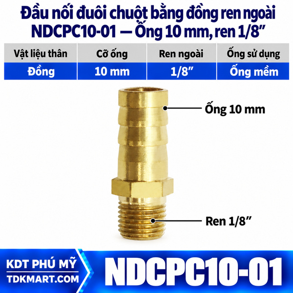 Đầu nối đuôi chuột bằng đồng ống 10 mm ren ngoài 1/8