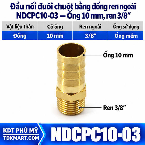 Đầu nối đuôi chuột bằng đồng ống 10 mm ren ngoài 3/8