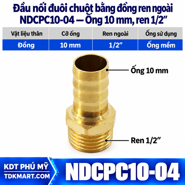 Đầu nối đuôi chuột bằng đồng ống 10 mm ren ngoài 1/2