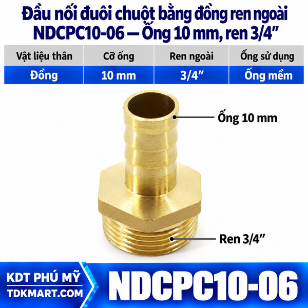 Đầu nối đuôi chuột bằng đồng ống 10 mm ren ngoài 3/4