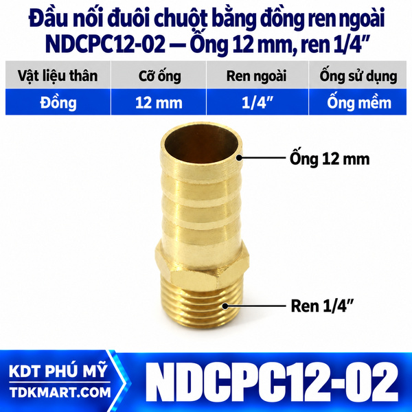 Đầu nối đuôi chuột bằng đồng ống 12 mm ren ngoài 1/4