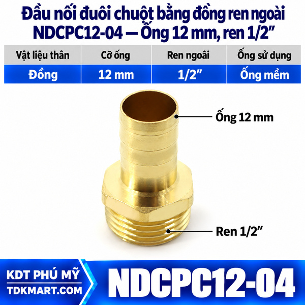 Đầu nối đuôi chuột bằng đồng ống 12 mm ren ngoài 1/2