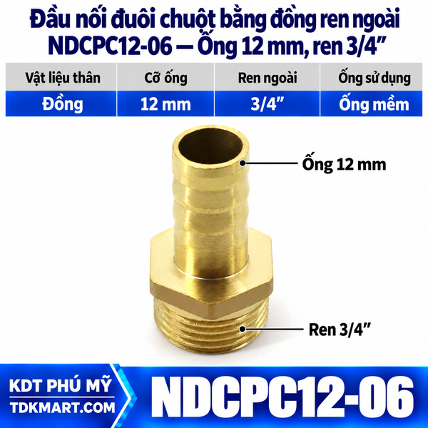Đầu nối đuôi chuột bằng đồng ống 12 mm ren ngoài 3/4
