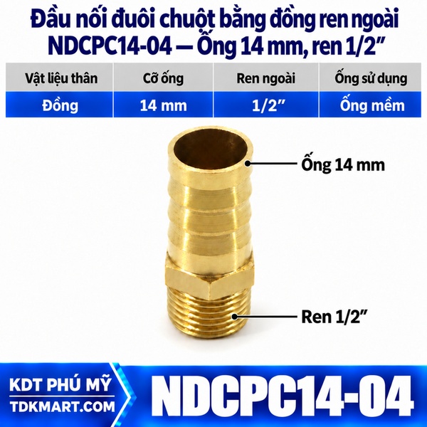 Đầu nối đuôi chuột bằng đồng ống 14 mm ren ngoài 1/2