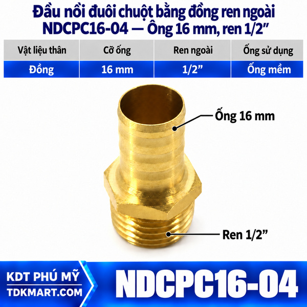 Đầu nối đuôi chuột bằng đồng ống 16 mm ren ngoài 1/2