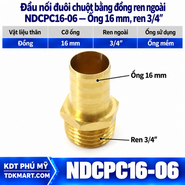 Đầu nối đuôi chuột bằng đồng ống 16 mm ren ngoài 3/4