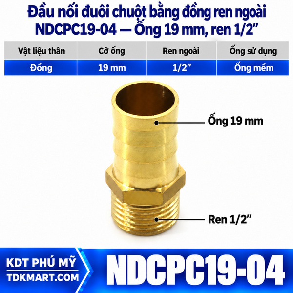 Đầu nối đuôi chuột bằng đồng ống 19 mm ren ngoài 1/2