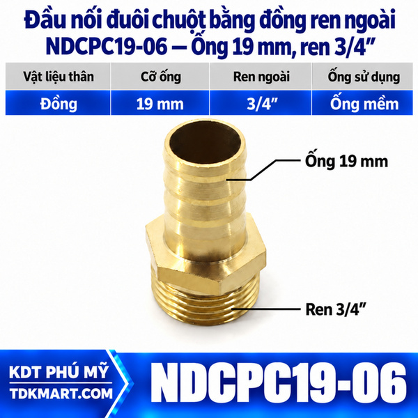 Đầu nối đuôi chuột bằng đồng ống 19 mm ren ngoài 3/4