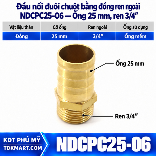 Đầu nối đuôi chuột bằng đồng ống 25 mm ren ngoài 3/4