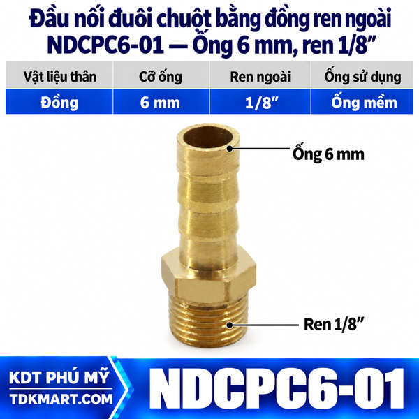 Đầu nối đuôi chuột bằng đồng ống 6 mm ren ngoài 1/8