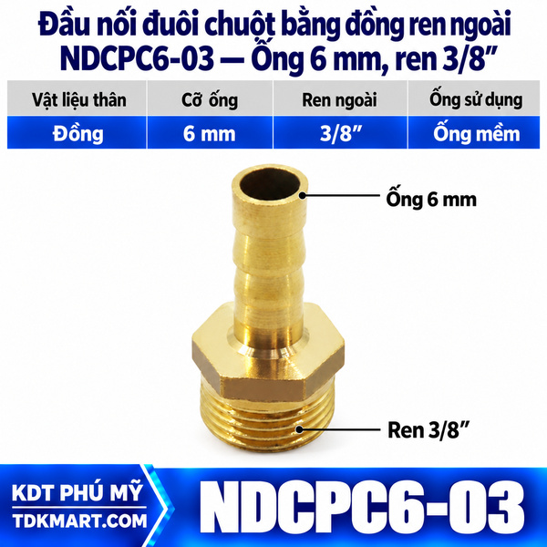 Đầu nối đuôi chuột bằng đồng ống 6 mm ren ngoài 3/8