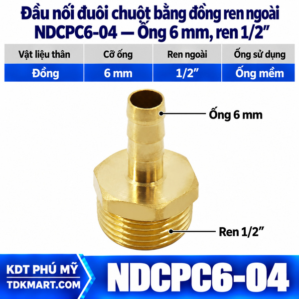 Đầu nối đuôi chuột bằng đồng ống 6 mm ren ngoài 1/2