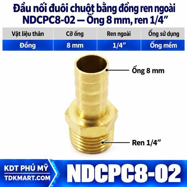 Đầu nối đuôi chuột bằng đồng ống 8 mm ren ngoài 1/4