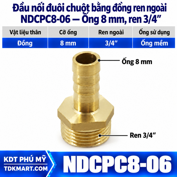 Đầu nối đuôi chuột bằng đồng ống 8 mm ren ngoài 3/4