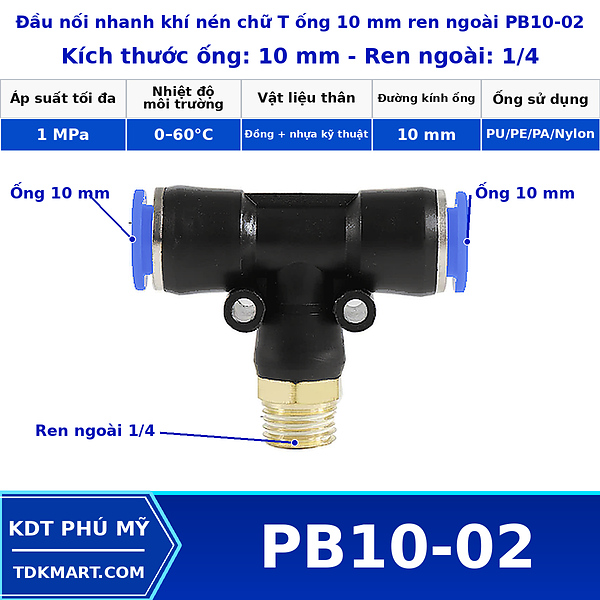 Đầu nối khí nén chữ T có 2 đầu nối ghim ống 10 mm và 1 đầu ren ngoài bên giữa 1/4
