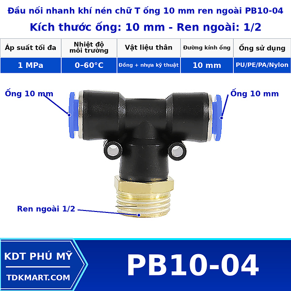 Đầu nối khí nén chữ T có 2 đầu nối ghim ống 10 mm và 1 đầu ren ngoài bên giữa 1/2