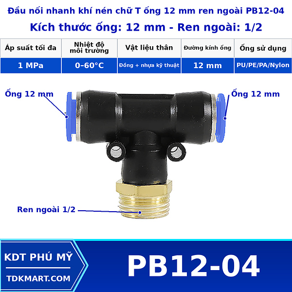 Đầu nối khí nén chữ T có 2 đầu nối ghim ống 12 mm và 1 đầu ren ngoài bên giữa 1/2