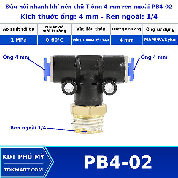 Đầu nối khí nén chữ T có 2 đầu nối ghim ống 4 mm và 1 đầu ren ngoài bên giữa 1/4