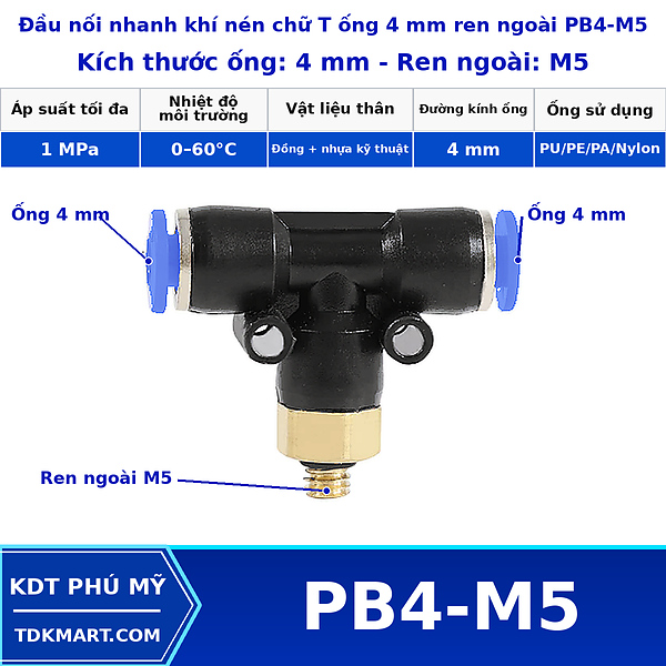 Đầu nối khí nén chữ T có 2 đầu nối ghim ống 4 mm và 1 đầu ren ngoài bên giữa M5