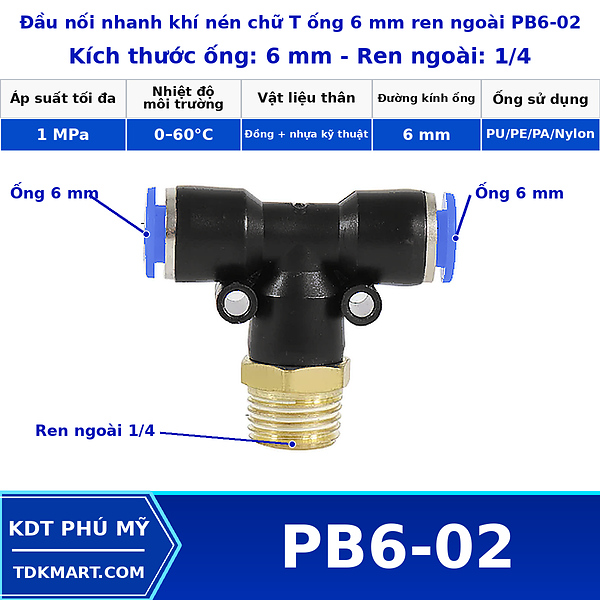 Đầu nối khí nén chữ T có 2 đầu nối ghim ống 6 mm và 1 đầu ren ngoài bên giữa 1/4