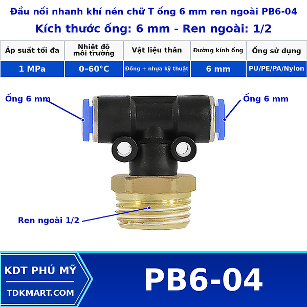 Đầu nối khí nén chữ T có 2 đầu nối ghim ống 6 mm và 1 đầu ren ngoài bên giữa 1/2