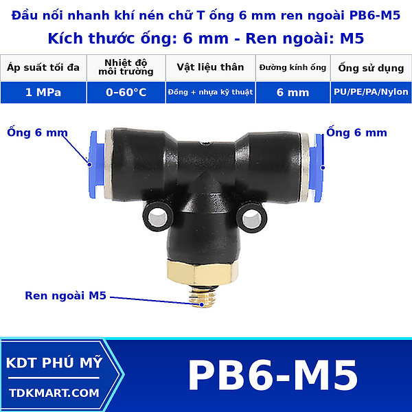 Đầu nối khí nén chữ T có 2 đầu nối ghim ống 6 mm và 1 đầu ren ngoài bên giữa M5