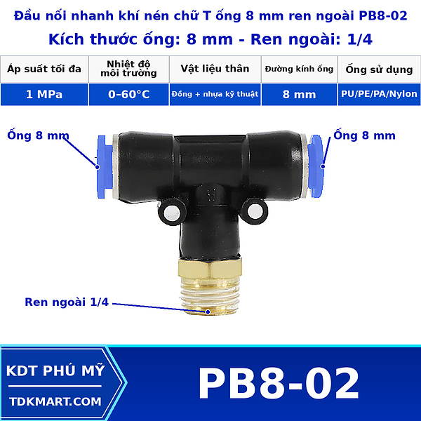 Đầu nối khí nén chữ T có 2 đầu nối ghim ống 8 mm và 1 đầu ren ngoài bên giữa 1/4