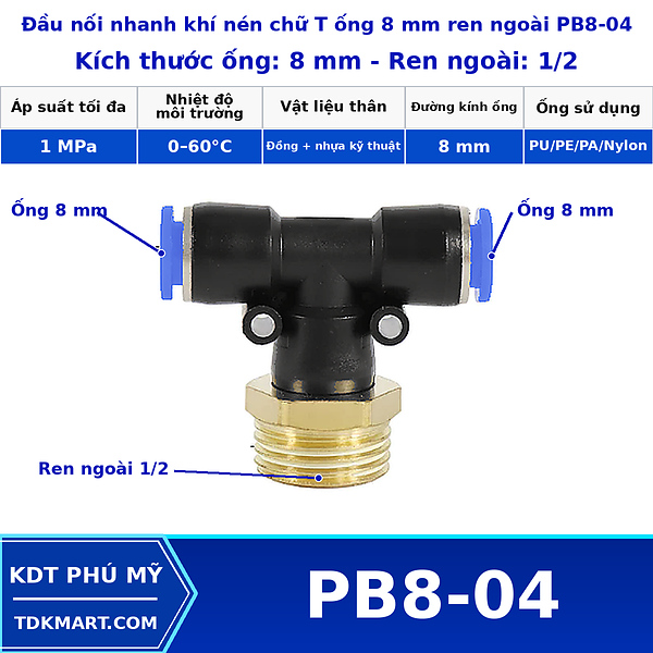 Đầu nối khí nén chữ T có 2 đầu nối ghim ống 8 mm và 1 đầu ren ngoài bên giữa 1/2