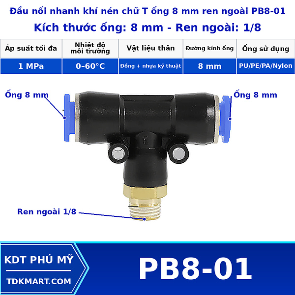 Đầu nối khí nén chữ T có 2 đầu nối ghim ống 8 mm và 1 đầu ren ngoài bên giữa 1/8