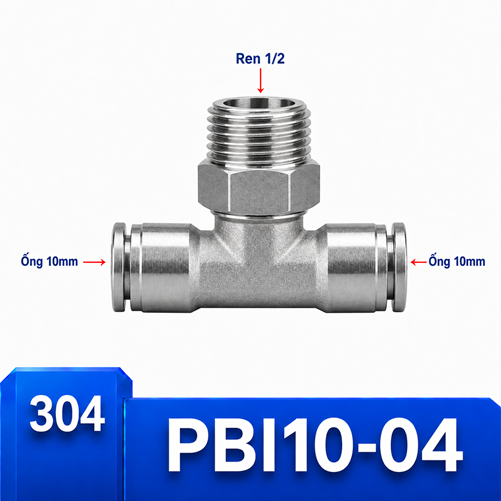 T nối nhanh Inox ống 10 - Ren ngoài 1/2 =21mm