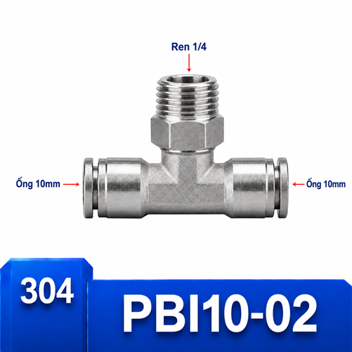 Đầu nối nhanh khí nén chữ T Inox 304 2 đầu ghim ống 10 mm và 1 đầu ren ngoài 1/4