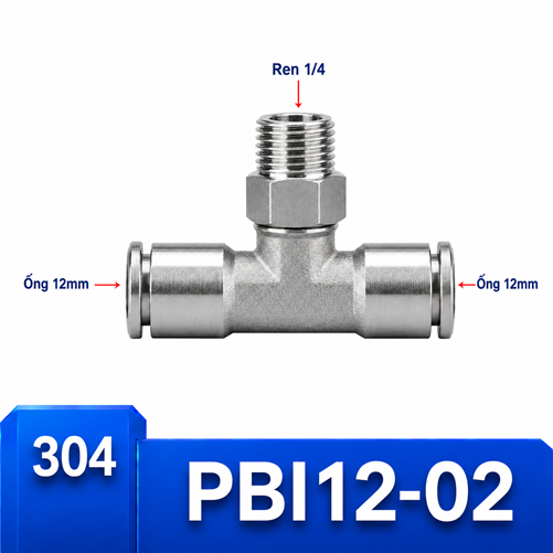 T nối nhanh Inox ống 12 - Ren ngoài 1/4 =12.7mm