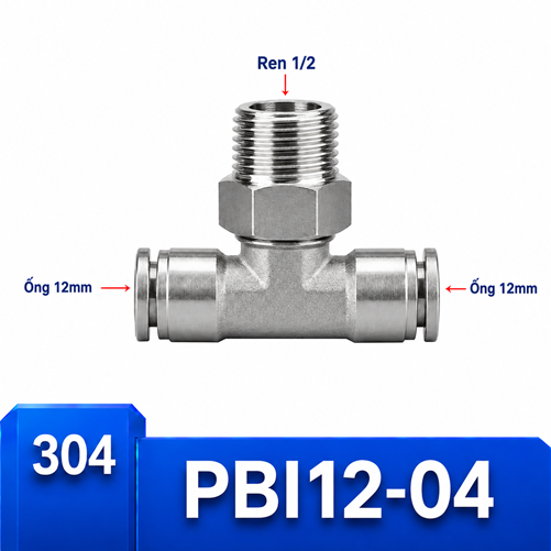 Đầu nối nhanh khí nén chữ T Inox 304 2 đầu ghim ống 10 mm và 1 đầu ren ngoài 1/2