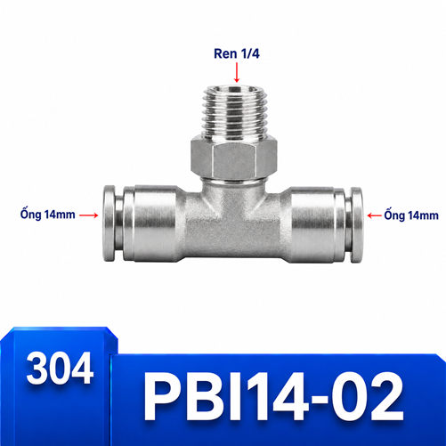 Đầu nối nhanh khí nén chữ T Inox 304 2 đầu ghim ống 14 mm và 1 đầu ren ngoài 1/4