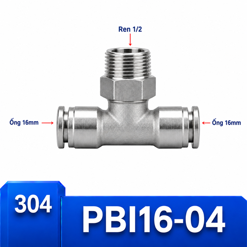 T nối nhanh Inox ống 16 - Ren ngoài 1/2 =21mm
