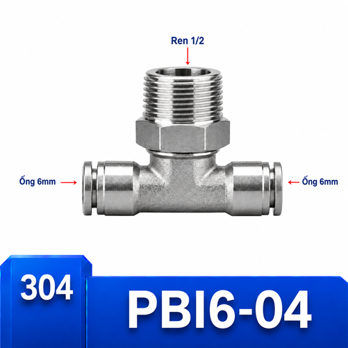 T nối nhanh Inox ống 6 - Ren ngoài 1/2 =21mm