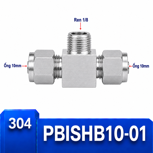 Đầu nối chữ T Inox 304 2 đầu siết hạt bắp ống 10 mm và 1 đầu ren ngoài 1/8