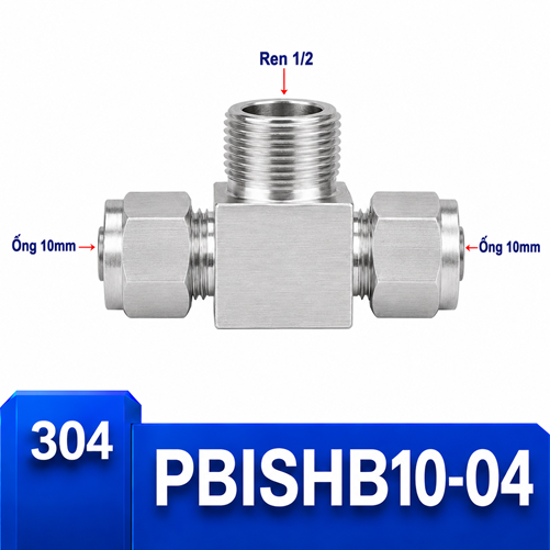 Đầu nối chữ T Inox 304 2 đầu siết hạt bắp ống 10 mm và 1 đầu ren ngoài 1/2
