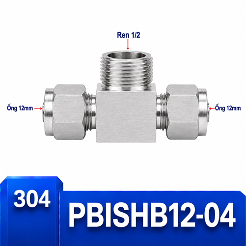 Đầu nối chữ T Inox 304 2 đầu siết hạt bắp ống 12 mm và 1 đầu ren ngoài 1/2