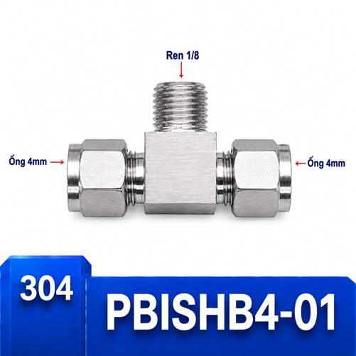 Đầu nối chữ T Inox 304 2 đầu siết hạt bắp ống 4 mm và 1 đầu ren ngoài 1/8