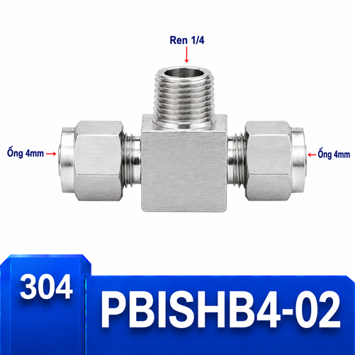 Đầu nối chữ T Inox 304 2 đầu siết hạt bắp ống 4 mm và 1 đầu ren ngoài 1/4
