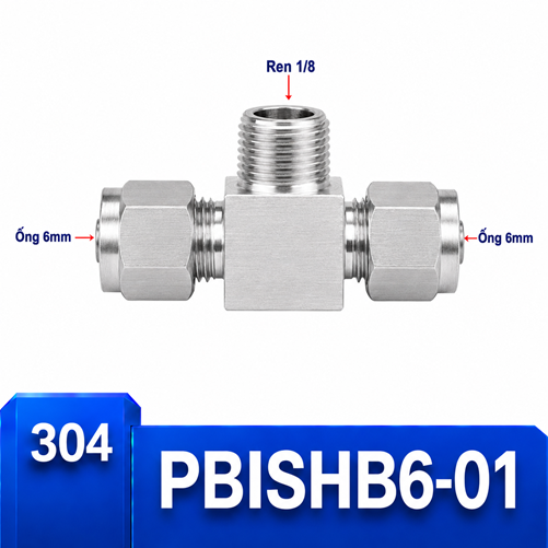 Đầu nối chữ T Inox 304 2 đầu siết hạt bắp ống 6 mm và 1 đầu ren ngoài 1/8