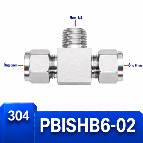 Đầu nối chữ T Inox 304 2 đầu siết hạt bắp ống 6 mm và 1 đầu ren ngoài 1/4