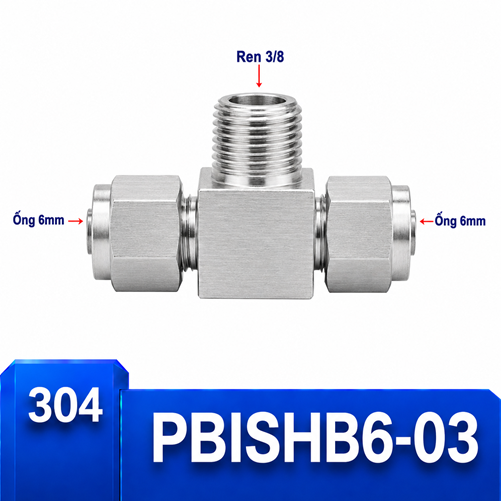 Đầu nối chữ T Inox 304 2 đầu siết hạt bắp ống 6 mm và 1 đầu ren ngoài 3/8