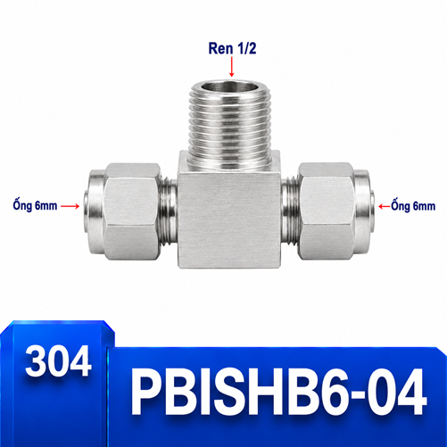 Đầu nối chữ T Inox 304 2 đầu siết hạt bắp ống 6 mm và 1 đầu ren ngoài 1/2