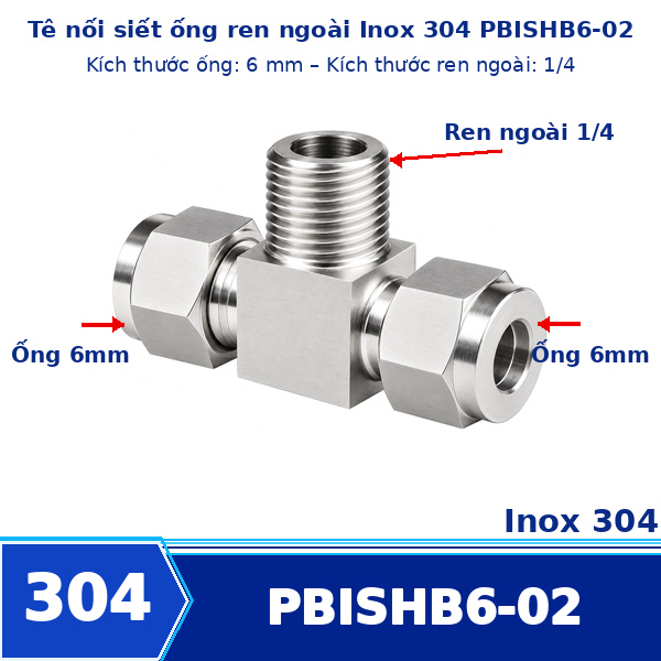 Đầu nối chữ T Inox 304 2 đầu siết hạt bắp ống 6 mm và 1 đầu ren ngoài 1/4