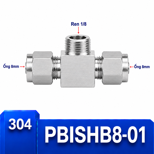 Đầu nối chữ T Inox 304 2 đầu siết hạt bắp ống 8 mm và 1 đầu ren ngoài 1/8