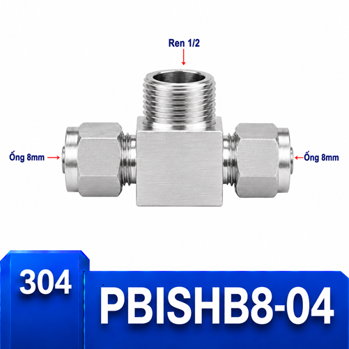 Đầu nối chữ T Inox 304 2 đầu siết hạt bắp ống 8 mm và 1 đầu ren ngoài 1/2