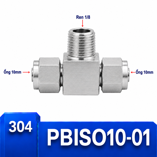 Đầu nối chữ T Inox 304 2 đầu siết ống 10 mm và 1 đầu ren ngoài 1/8