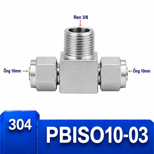 Đầu nối chữ T Inox 304 2 đầu siết ống 10 mm và 1 đầu ren ngoài 3/8